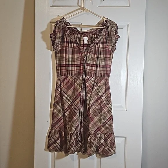 Converse Short Sleeve Plaid Earth Tone Cotton Ruffle Trim Dress Size M - Picture 1 of 8